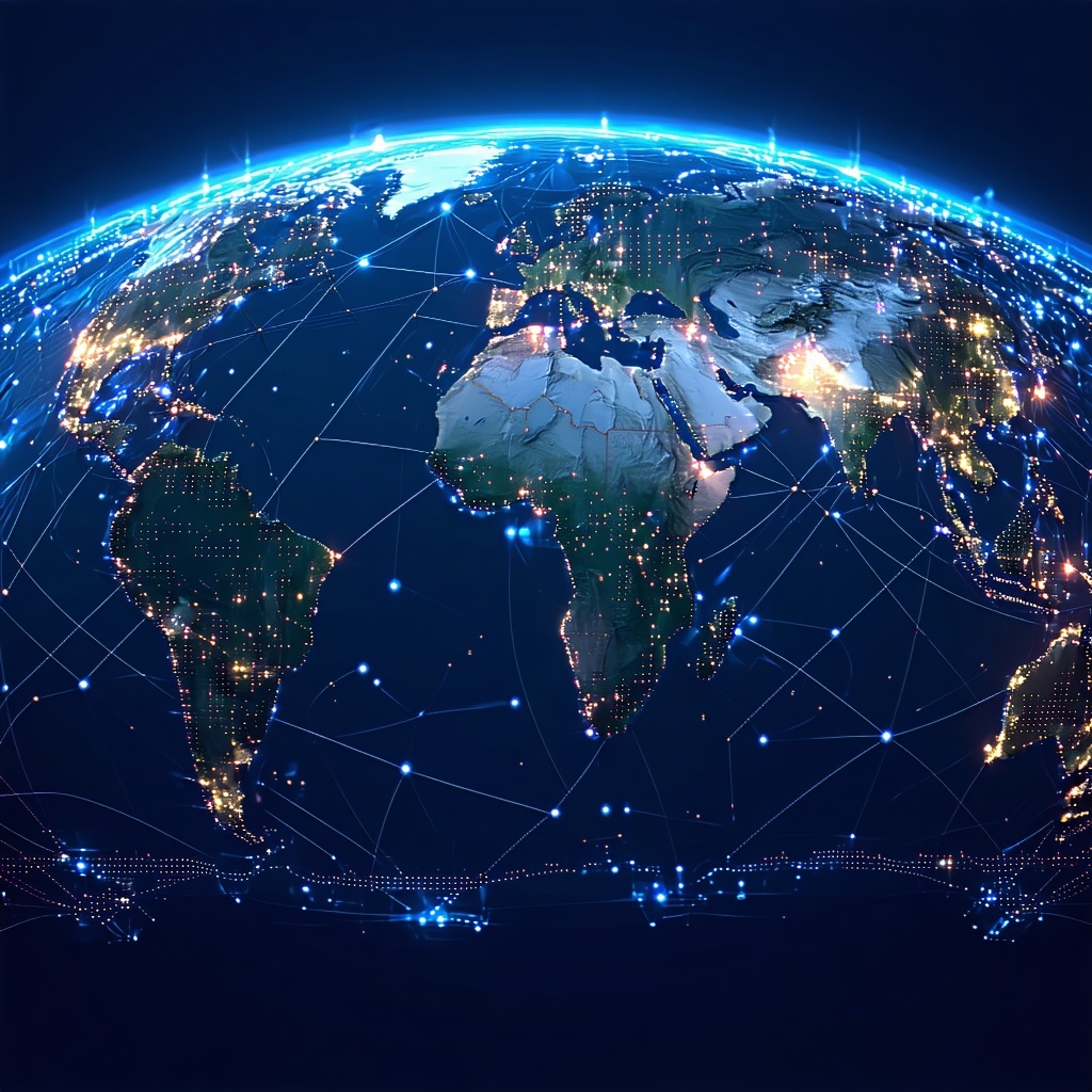 A global view of earth with connectivity lines linking all the countries together I want Europe America and the Middle East regions visible on the global view