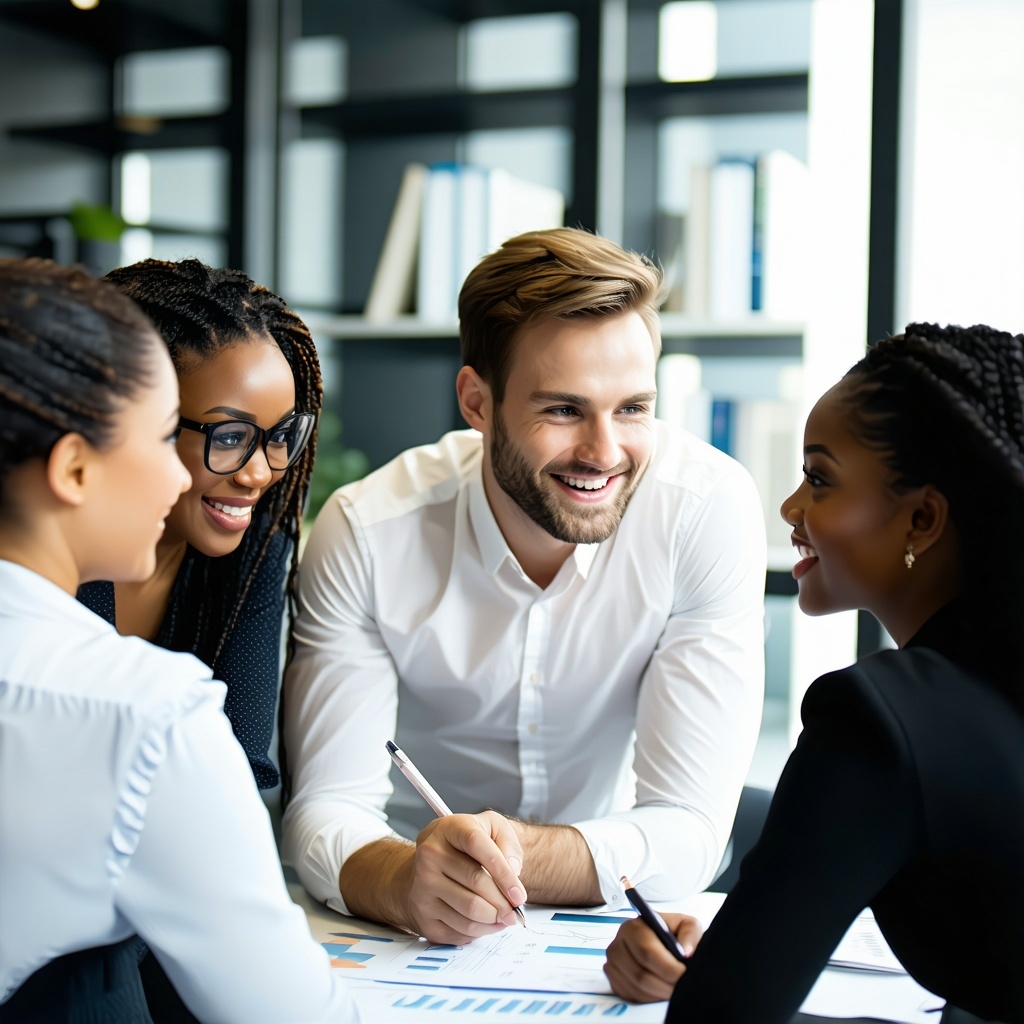 Business people in a professional office collaborating with each other looking happy one white male in charge and three other staff members with a mixture of different ethnic origins and genders-1