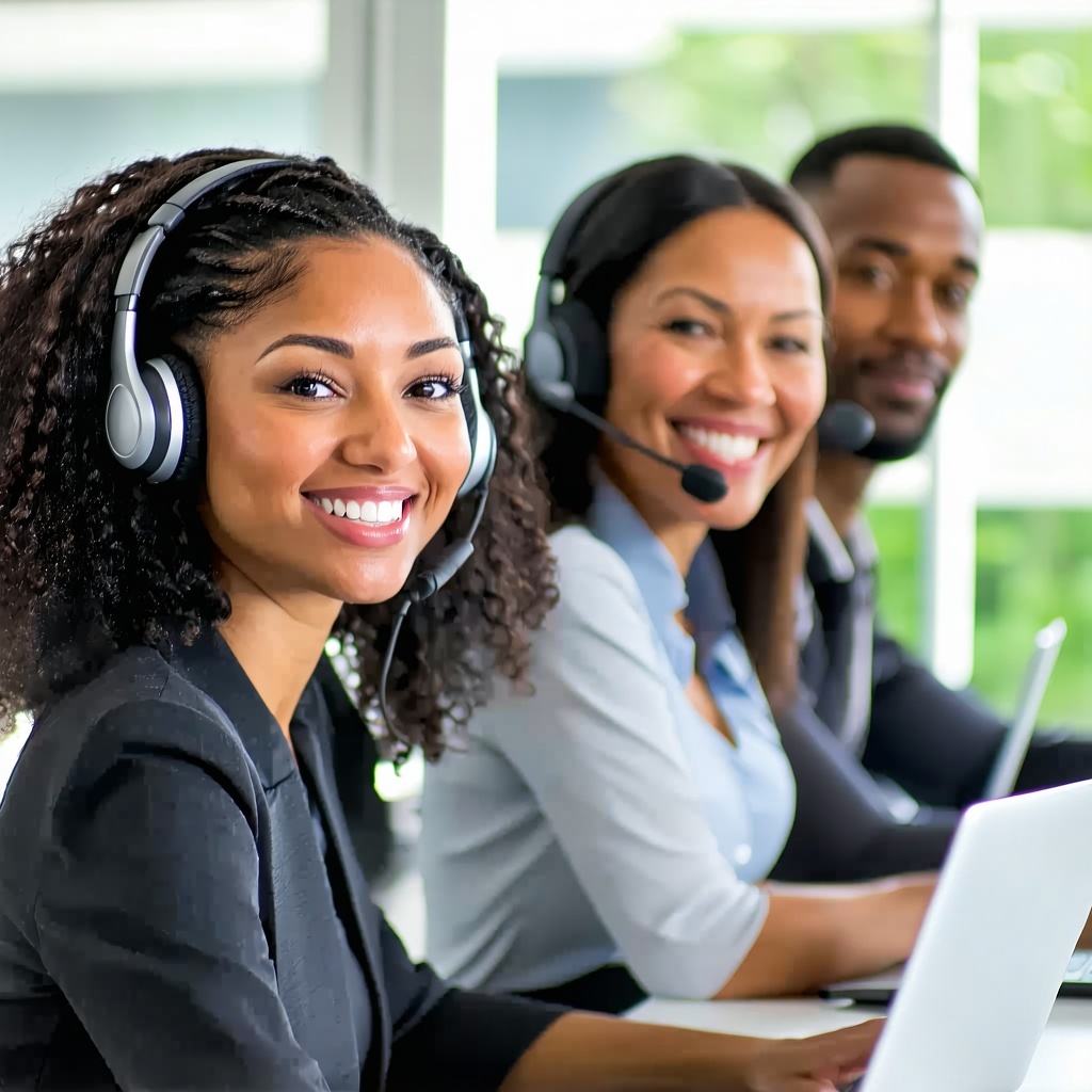 Office workers sat at their desks wearing smart casual clothing wearing headsets and with a laptop in front of each of them They will have a warming approachable smile whilst looking at the camera The staff members should include three people one La-1