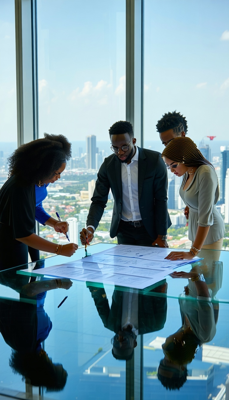 a group of 5 people stood conversating together whilst making notes on a large piece of paper on a large glass table in an office that is in a skyscraper with a view in the background All attendees should be aged between 3040 with a mix of males and-1