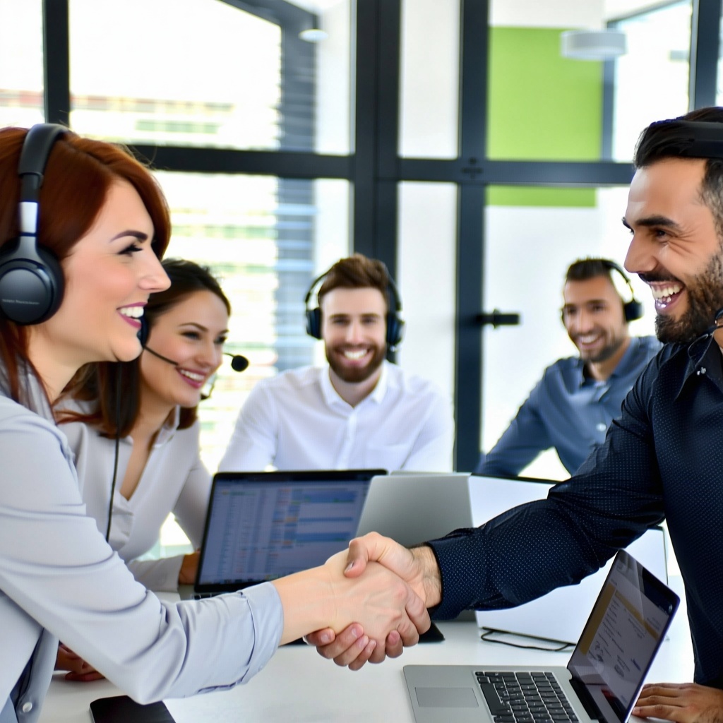 three images in one laid out next to each other the first should show two business people working together but clearly from different companies but both looking engaged and pleased the second should be a team of experts working hard and focusing on t
